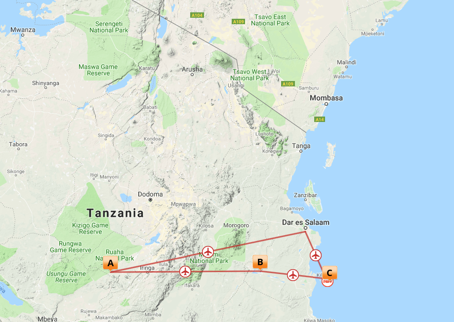 Kort over Ruaha, Selous og Mafia Island