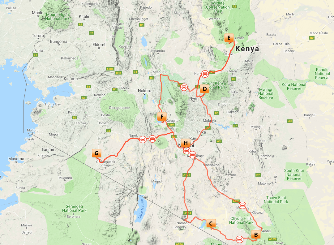 Kort over Great Kenya Safari