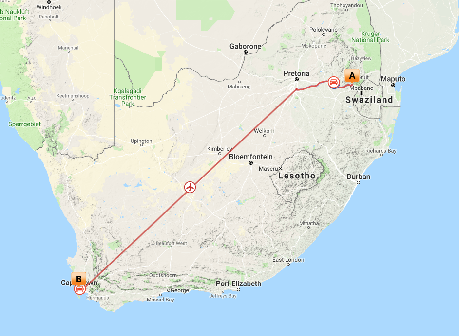 Kort over Safari & Cape Town