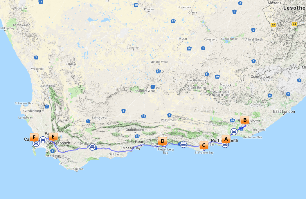 Kort over Safari & Western Cape