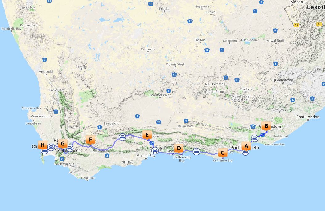 Kort over Garden Route & Route 62