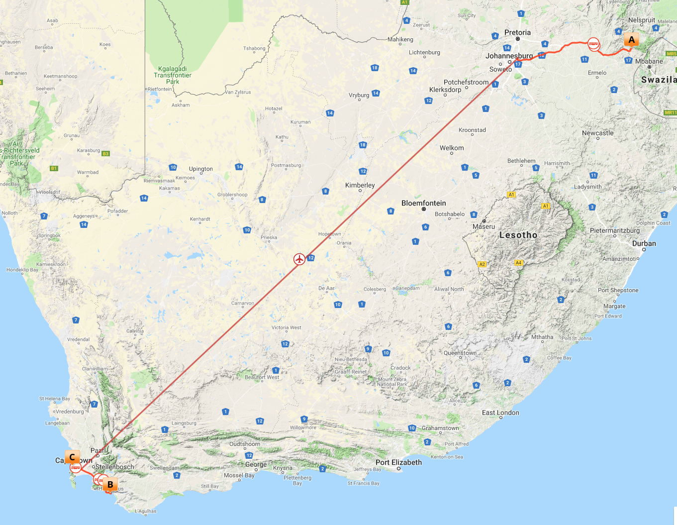 Kort over Safari, hvaler & Cape Town