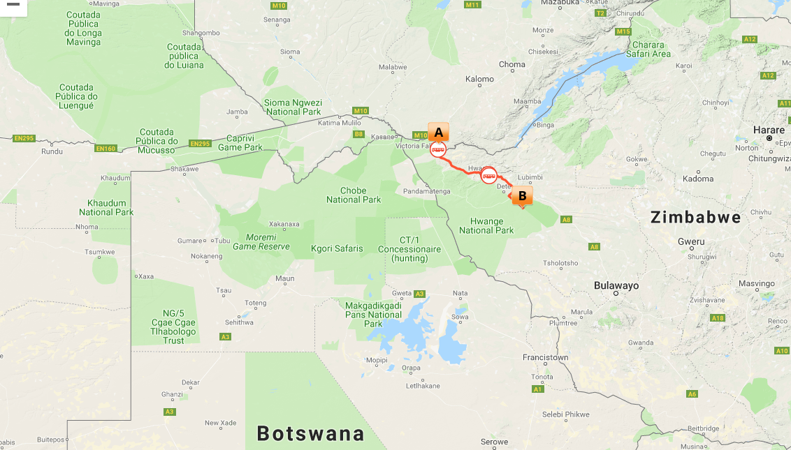 Kort over Safari og Victoria Falls