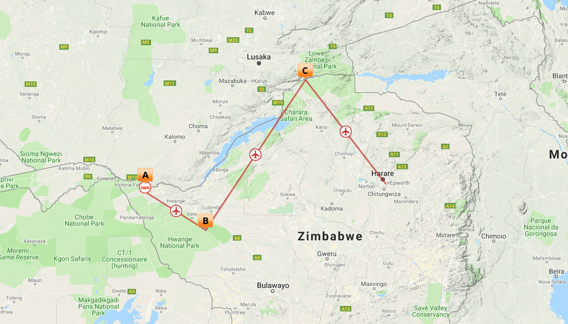 Kort over Vic Falls, Hwange og Mana Pools