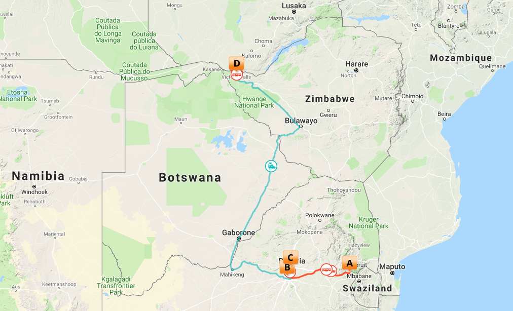 Kort over Safari, Rovos Rail og Vic Falls