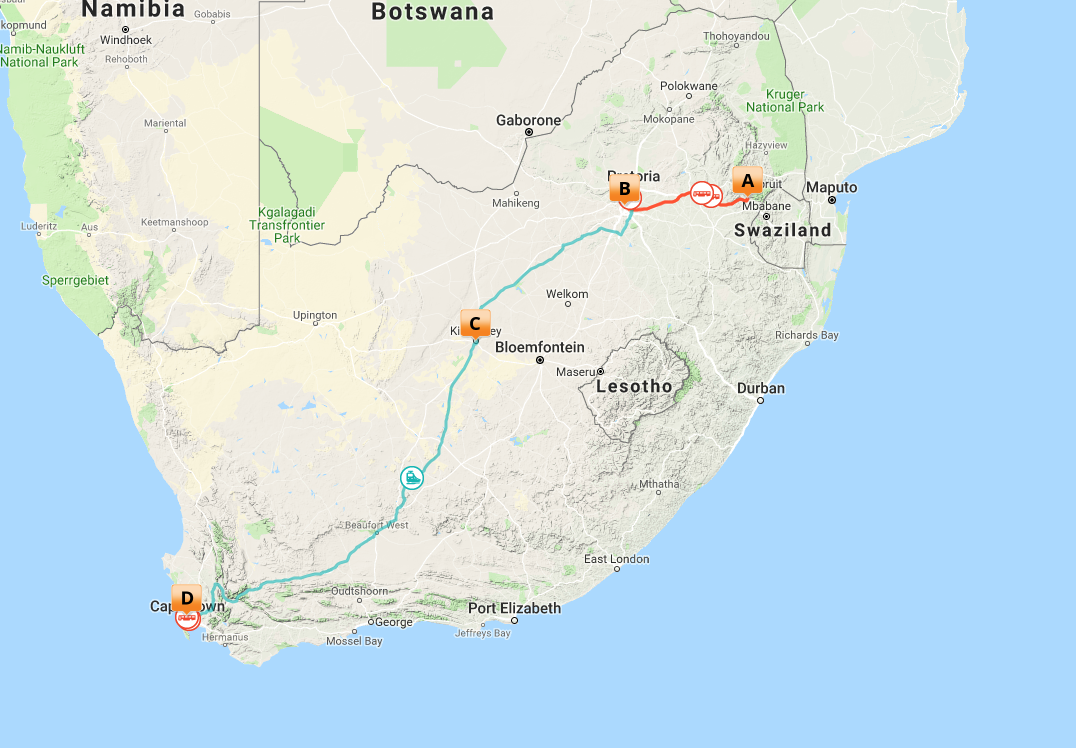 Kort over Safari, Rovos Rail og Cape Town