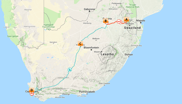 Kort over Safari, Rovos Rail og Cape Town