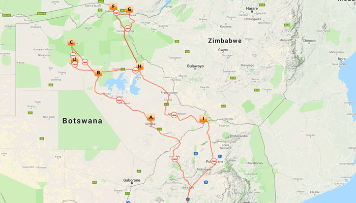 Kort over Botswana Overland
