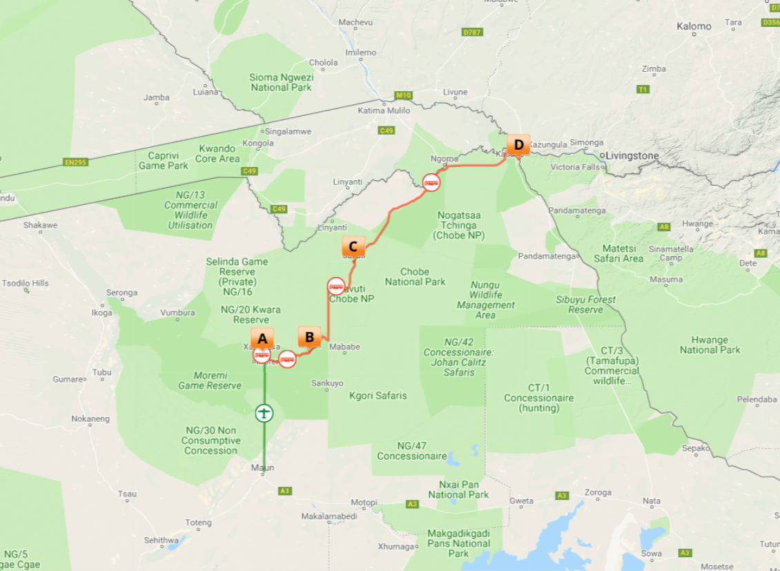 Kort over Botswana Okavango Expedition