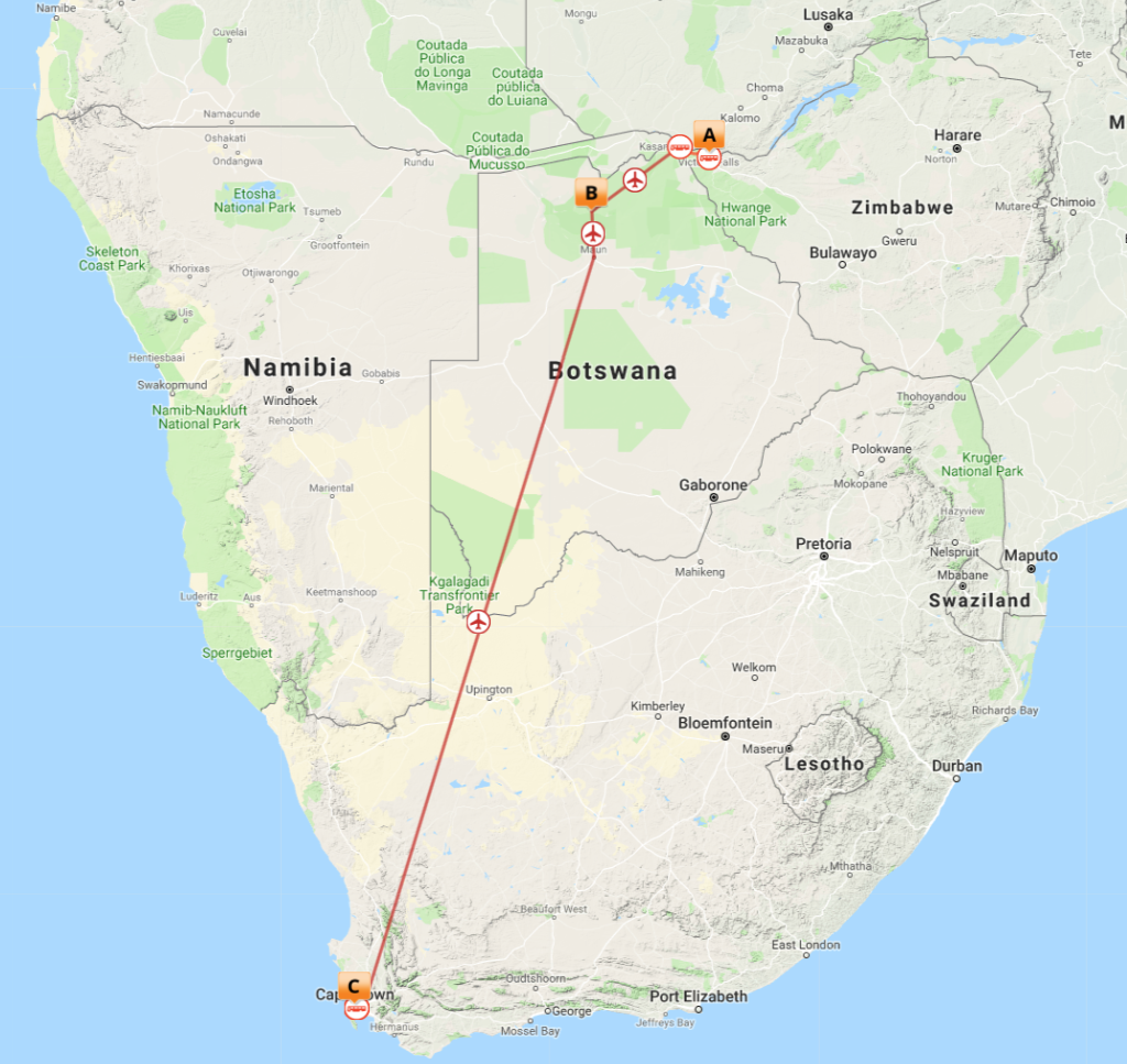 Kort over Victoria Falls, Okavango og Cape Town