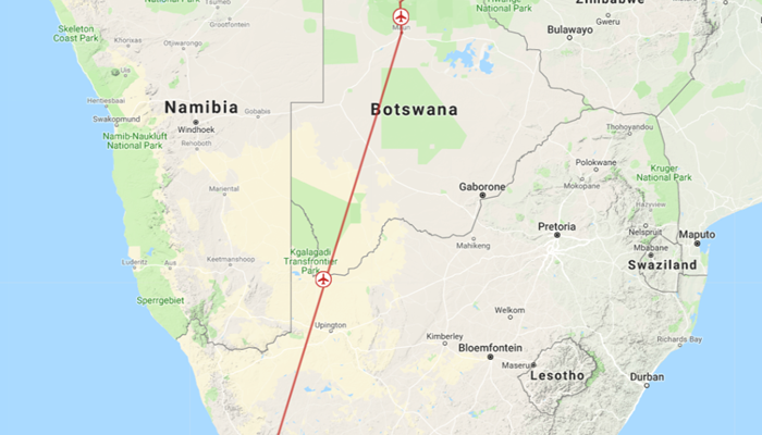 Kort over Victoria Falls, Okavango og Cape Town