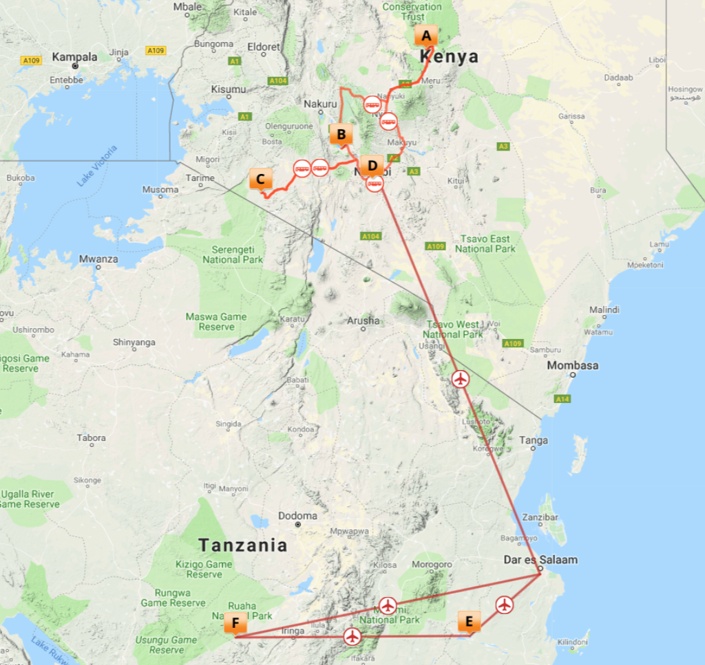 Kort over Kenya & Tanzania Connoisseur (jul-okt)