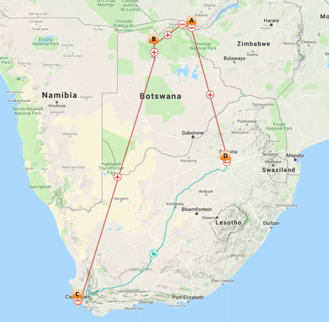 Kort over Vic Falls, Okavango, Cape Town & Rovos Rail