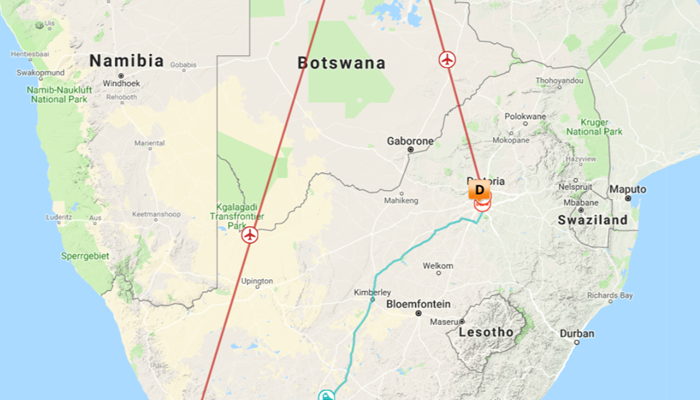 Kort over Vic Falls, Okavango, Cape Town & Rovos Rail