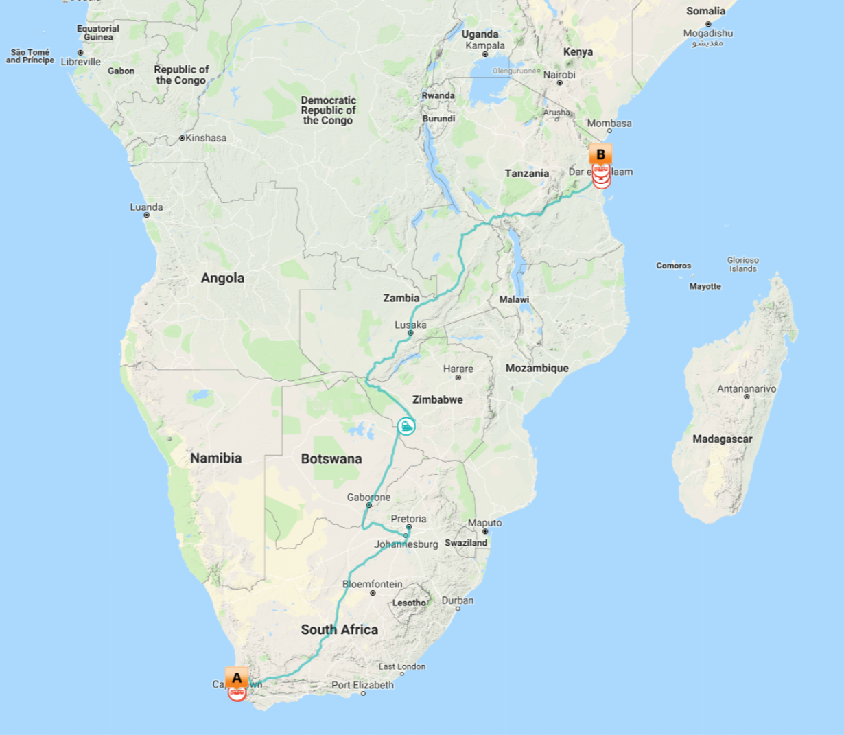 Kort over Cape Town til Dar es Salaam