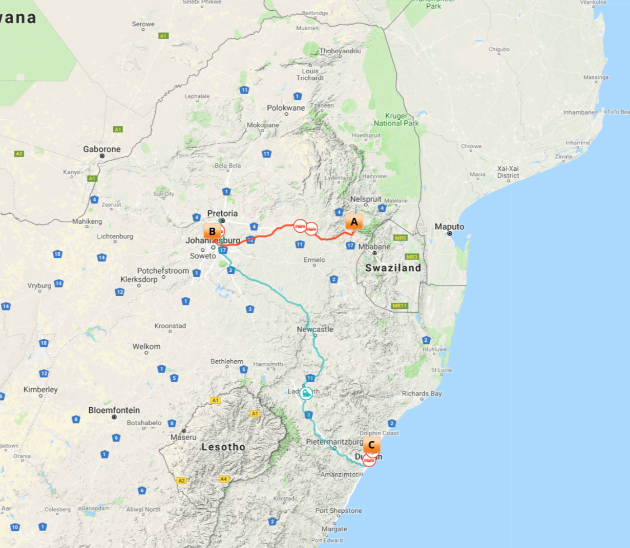 Kort over Safari, Rovos Rail og Det Indiske Ocean