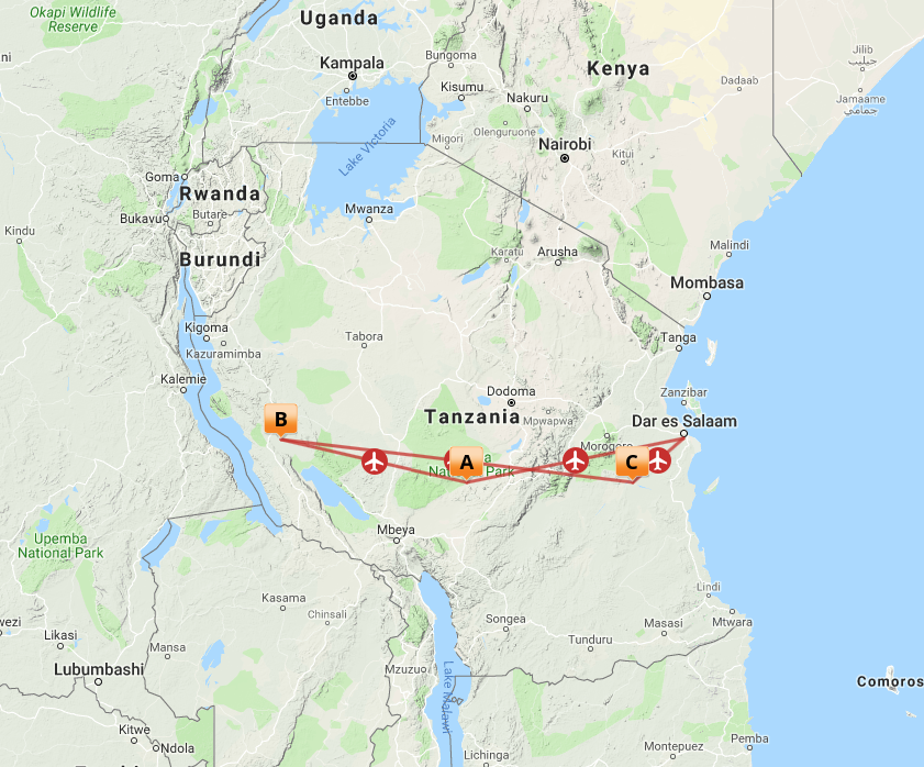 Kort over Ruaha, Katavi og Selous